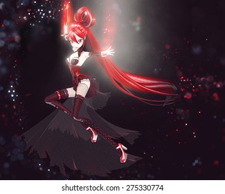 A female manga type cartoon character with red corset and flaming hands.