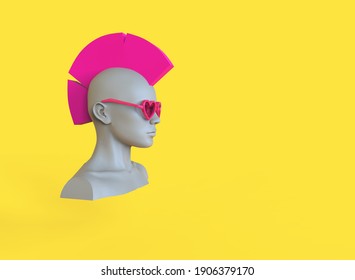 Female Mannequin Head With Pink Hair Mohawk. 3d Render Minimal Illustration