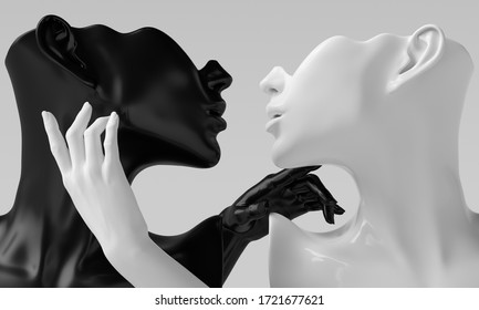 Female mannequins black and white sculptures, woman accessories art jewelry background, mannequin elegant hands, 3d rendering