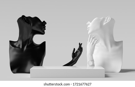 Female mannequins black and white sculptures, woman accessories art jewelry background, mannequin elegant hands and product display podium, 3d rendering