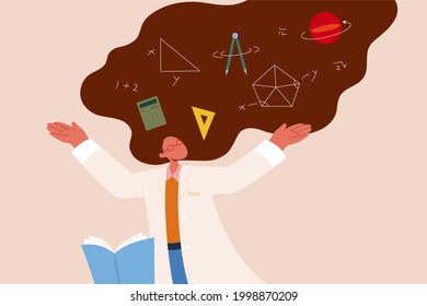 Female Mathematician At Work. Flat Style Illustration Of Mathematician With Mathematics Symbols On Her Long Brown Hair And Book On Side Over Pink Background