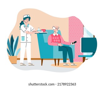 Female nurse taking care elderly man in nursing home a illustration