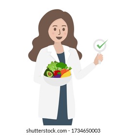 Female nutritionist doctor or dietitian holding fresh fruits and vegetables in hand isolated on white background. Nutrition consultation, healthy eating and diet plan concept. Flat style illustration. - Powered by Shutterstock