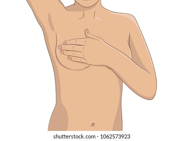 Female performing monthly breast check for tumor and lump. Breast self exam, jpg illustration. Part of female torso with one hand up and other hand over the boob.