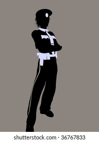 Female Police Office Silhouette On A Grey Background