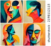 Female portrait in the style of Pablo Picasso, set of four images, abstract painting. 3d rendering.