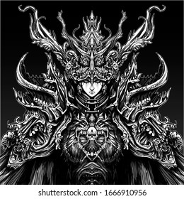 A Female Priestess, A Very Beautiful Girl, In A Creepy Costume With Many Bones, Teeth, And Tentacles, Massively And Symmetrically Surround Her Face . 2D Illustration.