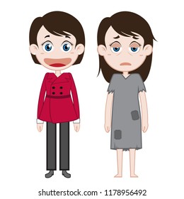 Female Rich Kid And Female Poor Kid Cartoon Illustration