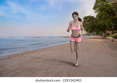 Female runner training outdoor. Young woman jogging on beach. 3D illustration people. - Powered by Shutterstock