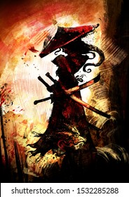 a female samurai with demonic horns in a pointed hat, and three swords against the orange sunset. 2d illustration .