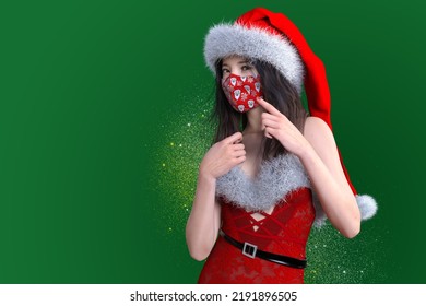 Female Santa In Christmas Costume Wearing A Christmas Mask And Pointing To The Facemask To Show It Off.3D Illustration 3D Rendering 