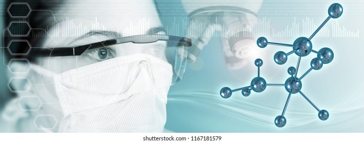 female scientist, microscope and molecular structure in blue background, 3d illustration - Powered by Shutterstock