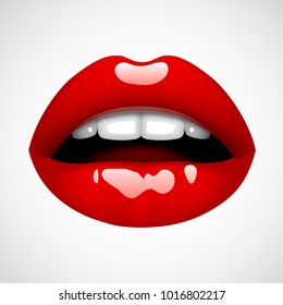 Female Sexy Red Lips Isolated On White. Vivid Open Mouth Of Woman