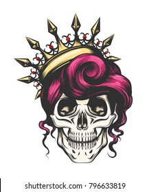 Female skull with a crown and long hair. Queen of death drawn in tattoo style. 