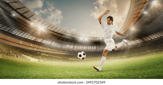 Female soccer player in white kicks ball on large stadium field. Stadium filled with spectators, with bright lights illuminating the scene. Concept of sport, championship, team game, tournament. Ad - Powered by Shutterstock