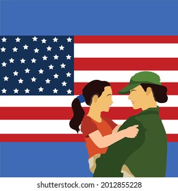 Female soldier holding daughter in front of American flag. - Powered by Shutterstock