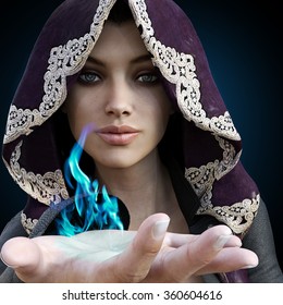 Female Sorcerer With Blue Magic Coming From Her Hand On A Gradient Black Background. 