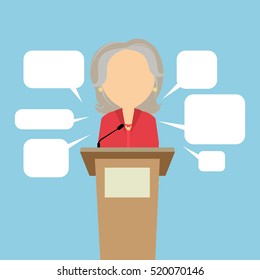 Female Speaker With Speech Bubbles. Concept Of Debates, Seminar Or Election. Politician Speaker With Podium.