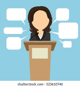 Female Speaker With Speech Bubbles. Concept Of Debates, Seminar Or Election. Politician Speaker With Podium.