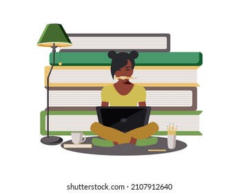 A Female Student Studies At A Computer In A Good Mood And Sits Near Large Books. Online Education And Learning Concept In Flat Style. Book Festival At The Library. 