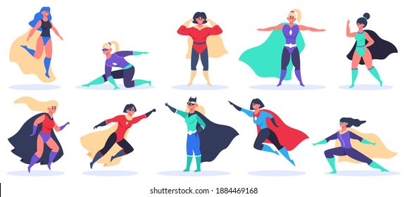 Female superheroes. Superwoman powerful characters, flying super girls in superwoman cloak costume, wonder women mascots  illustration set. Posing characters in mantle or cape