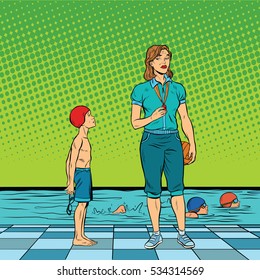 Female Swimming Coach Disgruntled Student. Pop Art Retro  Illustration. Poor Results In Sports. Discrimination Against Special Children