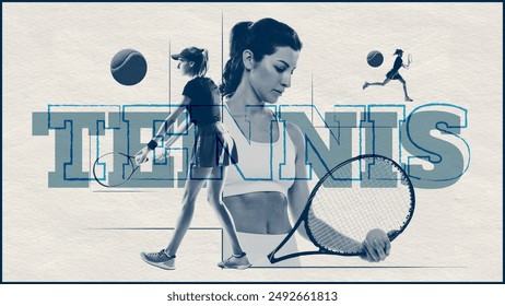 Female tennis players in action, with prominent tennis text in bold, overlapping letters. The minimalist blue and white design. Contemporary art collage. Concept of sport, hobby, activity, lifestyle. - Powered by Shutterstock