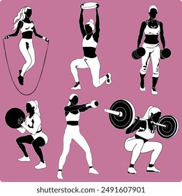 female vector silhouette athlete character, weightlifting, dumbbell lifting, barbell lifting, skipping rope medicine ball lifting, weight disk lifting - Powered by Shutterstock