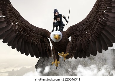 A female warrior with a Japanese sword who flies from the sky on an eagle.3D illustration 3D rendering