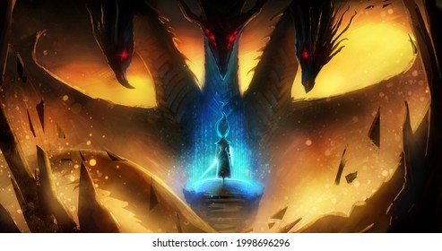 A female warrior stands on the edge of a cliff, drawing a protective barrier with her magic sword, against a huge three-headed sinister dragon, lava is bubbling under them and fiery sparks sparkle. 2d