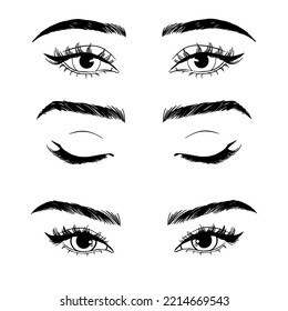 Female Woman Eyes And Brows Image Collection Set. Fashion Moda Girl Eyes Design.