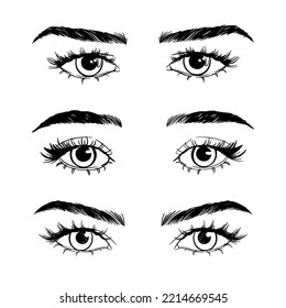 Female Woman Eyes And Brows Image Collection Set. Fashion Moda Girl Eyes Design.