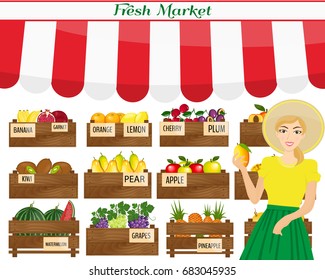 Female worker of grocery store holding a mango. Local market farmer selling fruits produce on his stall with awning. promote healthy eating concept. Food market. - Powered by Shutterstock