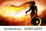 A feminine silhouette of a knight girl with a shield on which a crescent moon and a golden glowing sword, she has long magical hair, against the background of a bright sunset. 2d oil illustration