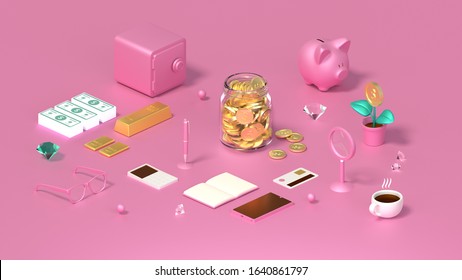 Feminine Style Savings Concept With Glass Money Jar In The Middle. 
Isometric Accounting Composition. Web Banner With Gold Money Coins And Financial Analysis. Hi-resolution 3D Illustration