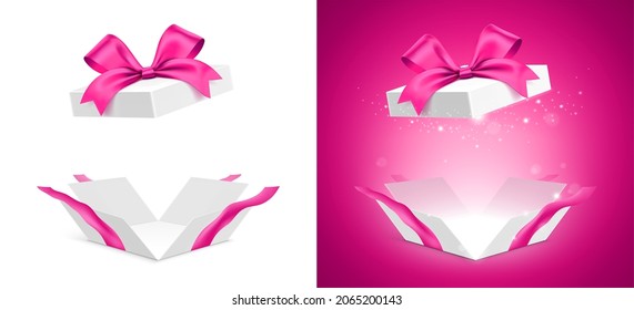 Feminine Style Unfolded Gift Box, With A Pink Ribbon, And Shining Glitter Light, Isolated On White And Pink Background. 3D Set Of The Girly Present Boxes.