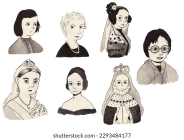 Feminist Icone Set ( Sophie Scholl  Agatha Christie  Ada Lovelace  Queen Victoria  Mary Shelley  Elizabeth 1st  Junko Tabei)