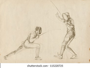 Fencing Fullsized Original Hand Drawing Useful Stock Illustration 