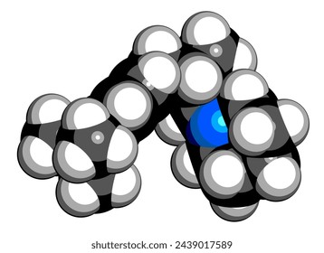 Fenpropidin fungicide molecule. 3D rendering. Atoms are represented as spheres with conventional color coding: hydrogen (white), carbon (black), nitrogen (blue).