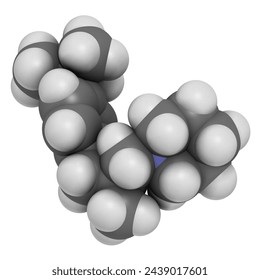 Fenpropidin fungicide molecule. 3D rendering. Atoms are represented as spheres with conventional color coding: hydrogen (white), carbon (grey), nitrogen (blue).