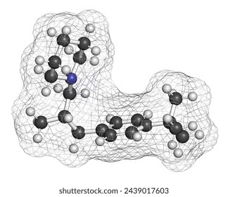Fenpropidin fungicide molecule. 3D rendering. Atoms are represented as spheres with conventional color coding: hydrogen (white), carbon (grey), nitrogen (blue).