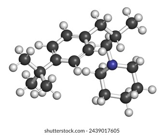 Fenpropidin fungicide molecule. 3D rendering. Atoms are represented as spheres with conventional color coding: hydrogen (white), carbon (grey), nitrogen (blue).