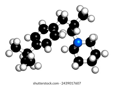 Fenpropidin fungicide molecule. 3D rendering. Atoms are represented as spheres with conventional color coding: hydrogen (white), carbon (black), nitrogen (blue).