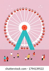 Ferris wheel cartoon flat illustration  Amusement park postcard  People   Ferris wheel abstract cartoon illustration 