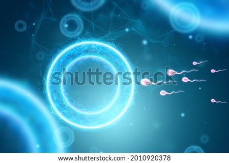 Fertilization of the egg by sperm cells. Pregnancy, infertility treatment, motherhood. 3D illustration, 3D render.
