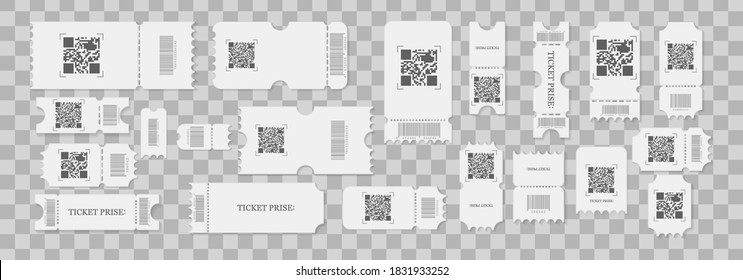 Festival Concert Tickets, White Paper Coupon Card Layout And Cinema Admit One Sheet. Set Of Blank Tickets, Coupons And Vouchers With Ruffle Edges. 