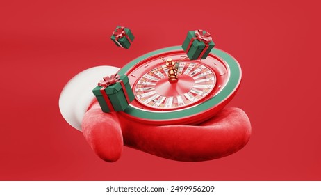 Festive 3D render of a Christmas casino background with poker chips, roulette, cubes. Seasonal digital illustration a joyful Xmas online casino scene with slot machines and royal flush cards. - Powered by Shutterstock