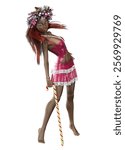 Festive 3D render of a dark skinned girl wearing a Christmas wreath and holding a candy cane. Ideal for holiday themed designs. Woman dancing with candy cane, 3D illustration.