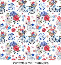 Festive 4th of July themed seamless pattern with hand painted watercolor blue bicycle, balloons, flowers, stars, flags on white background. Patriotic US print.