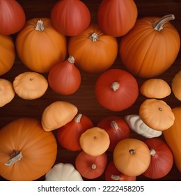 Festive Autumn Decor Of Pumpkins On The Wooden Background For Thanksgiving Holiday.  Autumn 3d Illustration Of Colored Pumpkins As Greeting Card Or Holiday Poster For Thanskgiving Day.